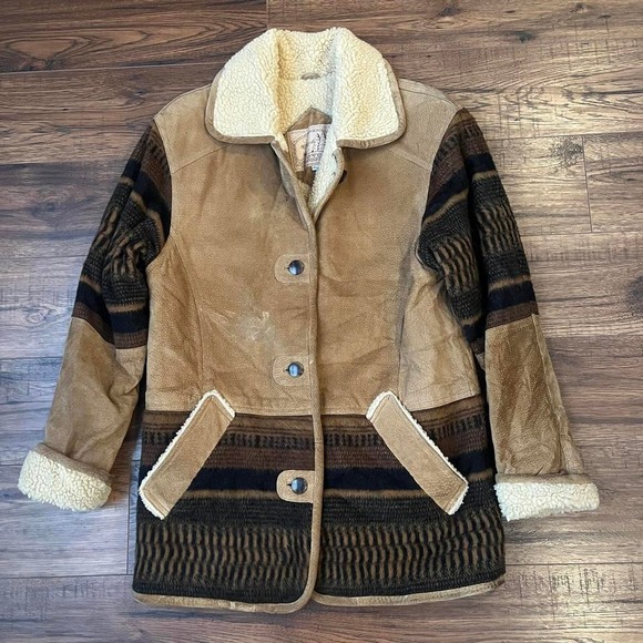Jackets & Blazers - Vintage Western Suede Sherpa CoatTapestry Paneling Women Large Collar Winter
